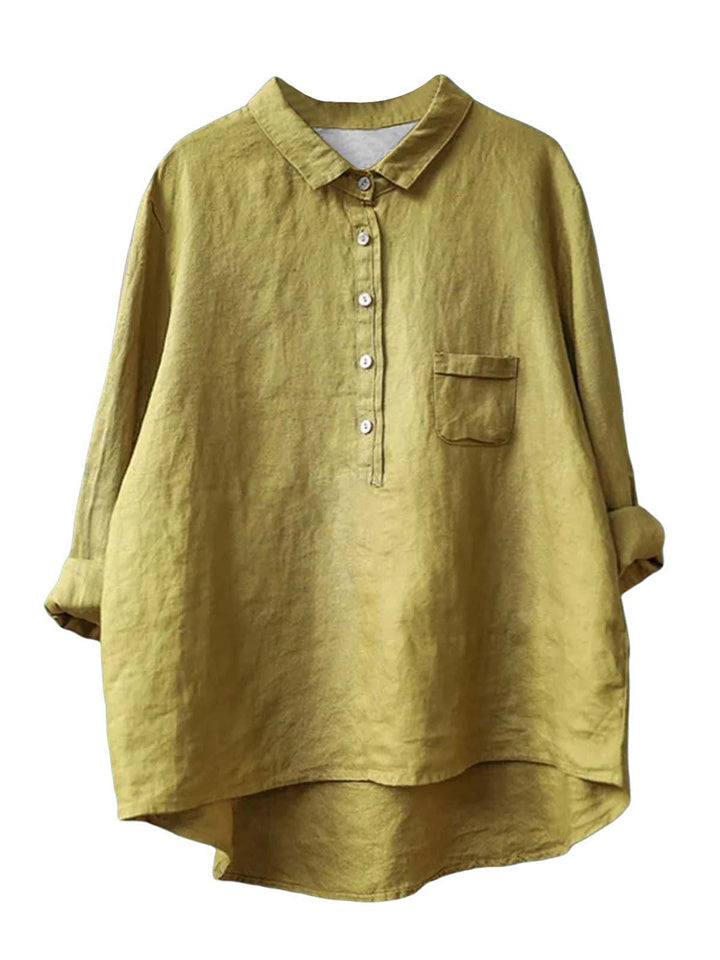 Women's New Long-sleeved Chinese Style Bamboo Hemp Printing Fashionable Versatile Lapel Solid Color Shirt