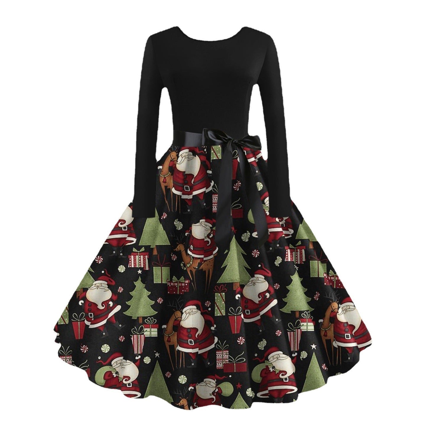 JO | digital print fall retro christmas festival printed round neck long sleeve big hem dress