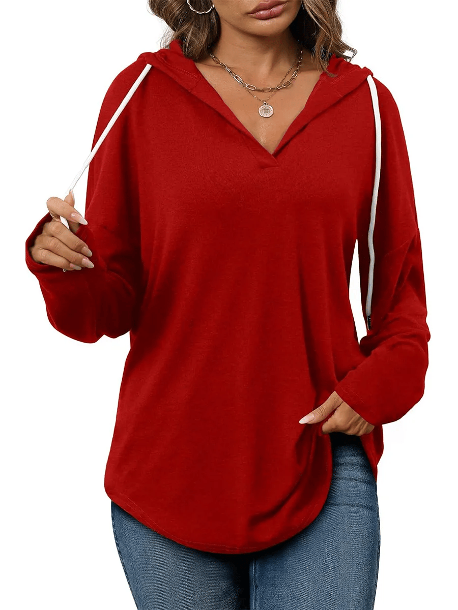 HOT SALE -Women's Casual V Neck Long Sleeve Drawstring Hoodie Sweatshirts