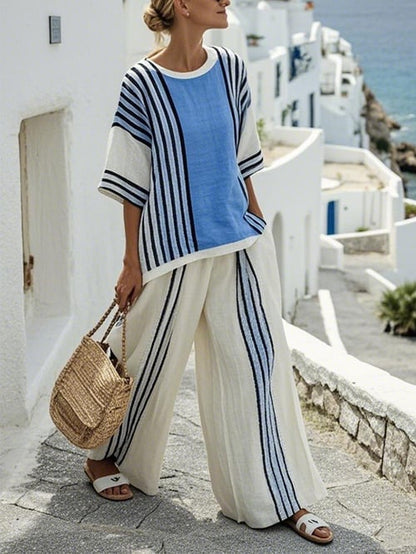 Women Summer Linen Loose Striped Pants Suit