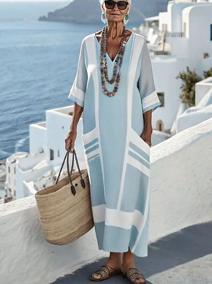 Women'S V-Neck Half Sleeve Striped Printed Cotton And Linen Dress