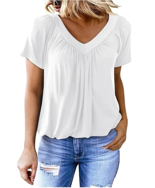 Casual Women's Top with Pleated V-Neck and Short Sleeves