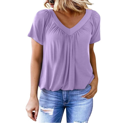 Casual Women's Top with Pleated V-Neck and Short Sleeves