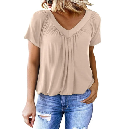Casual Women's Top with Pleated V-Neck and Short Sleeves