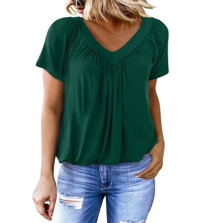 Casual Women's Top with Pleated V-Neck and Short Sleeves