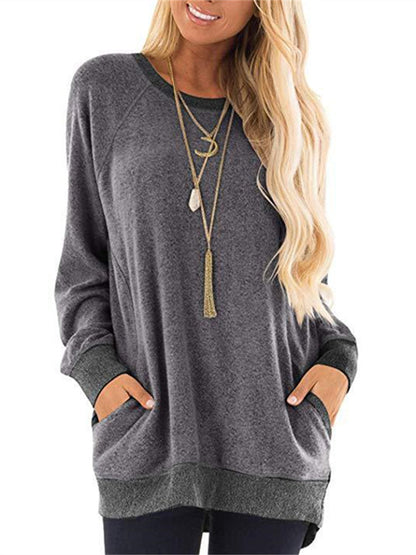 Autumn and Winter Women's Round Neck Color Collision Pocket Sweater Long-sleeved Sweatshirt Casual T-shirt