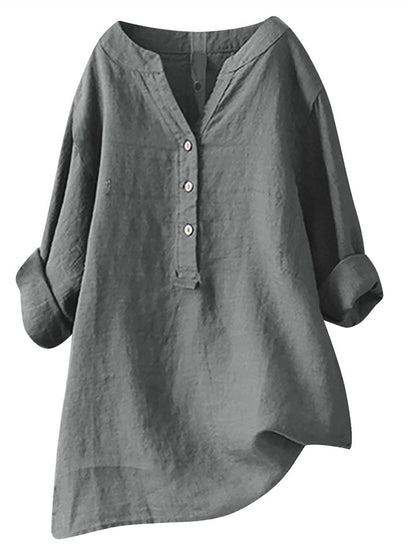Summer Women's Cotton Linen Loose Solid Color Blouse Cotton Linen Long Sleeve Tops Pocket S-5XL
