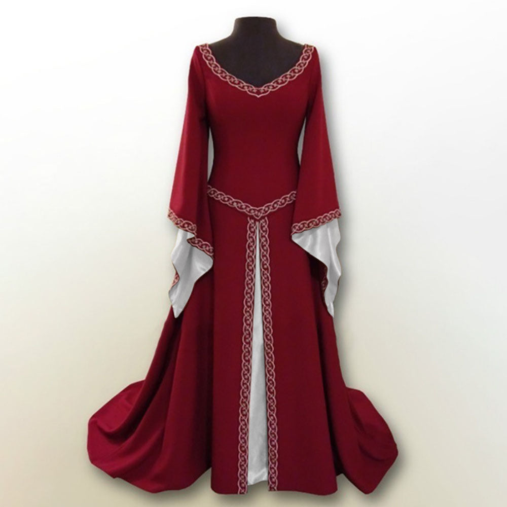 JO | Retro Christmas basic model long sleeve embroidered neckline slim-fit ladies dress