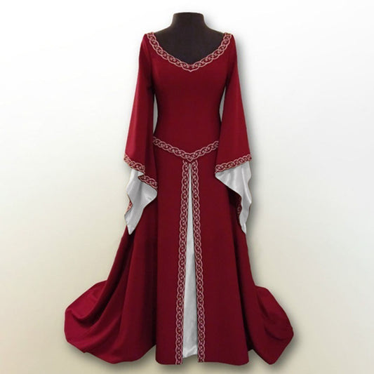 JO | Retro Christmas basic model long sleeve embroidered neckline slim-fit ladies dress