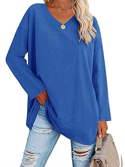 Ladies T-shirt New Multi-color Loose Drop Shoulder Sleeve V-neck Solid Color Women's Tops