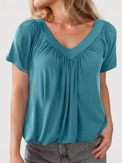 Casual Women's Top with Pleated V-Neck and Short Sleeves