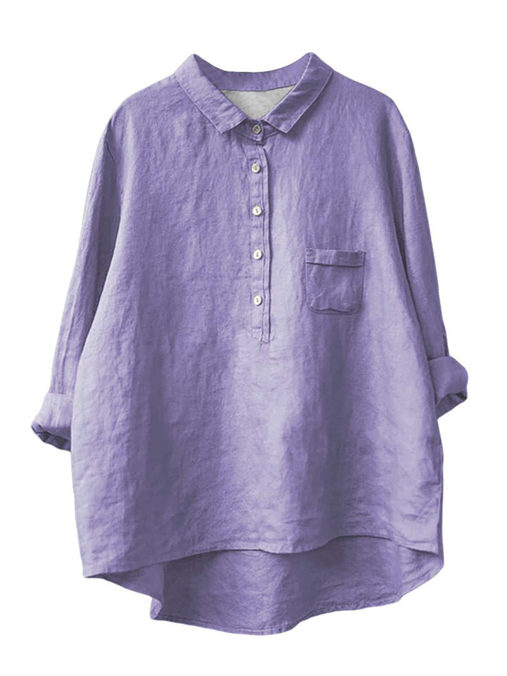 Women's New Long-sleeved Chinese Style Bamboo Hemp Printing Fashionable Versatile Lapel Solid Color Shirt
