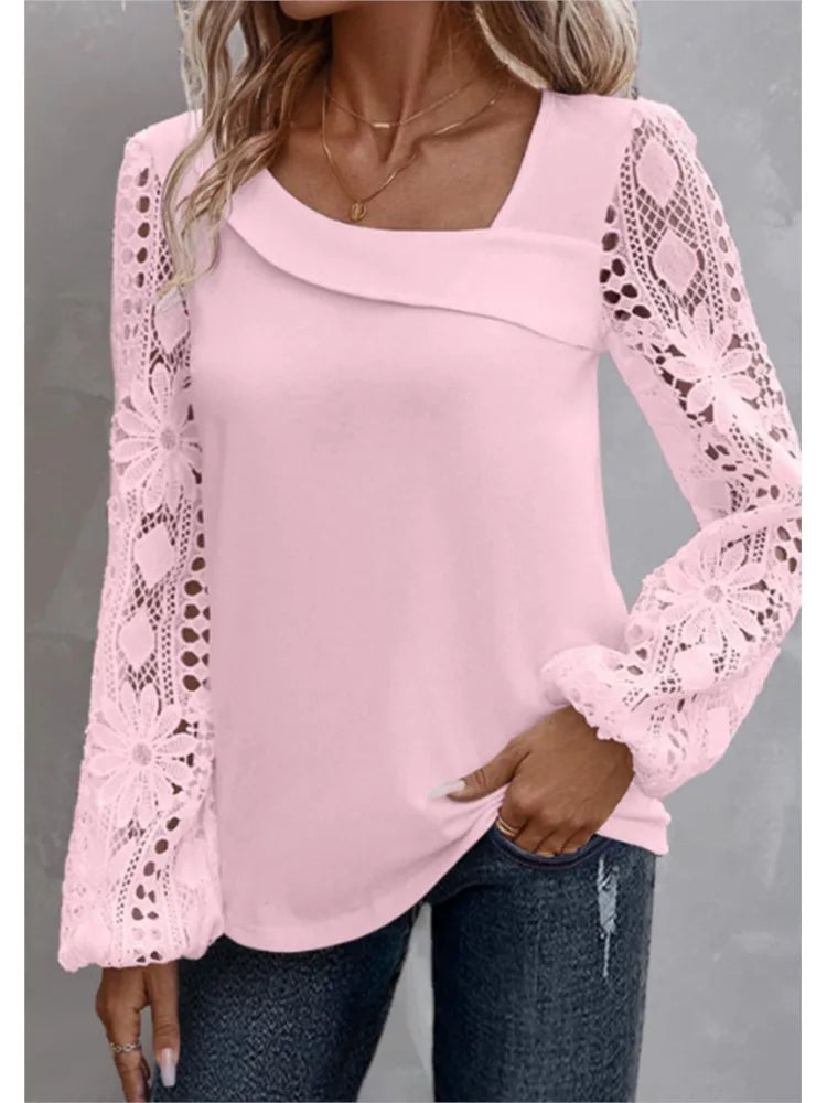Solid Fashion Blouse Elegant Hollow Lace Blouse