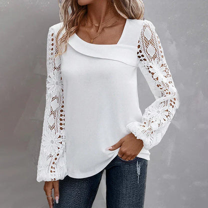 Solid Fashion Blouse Elegant Hollow Lace Blouse