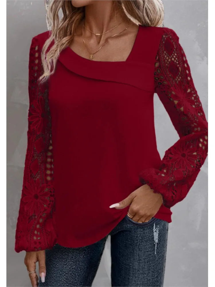 Solid Fashion Blouse Elegant Hollow Lace Blouse