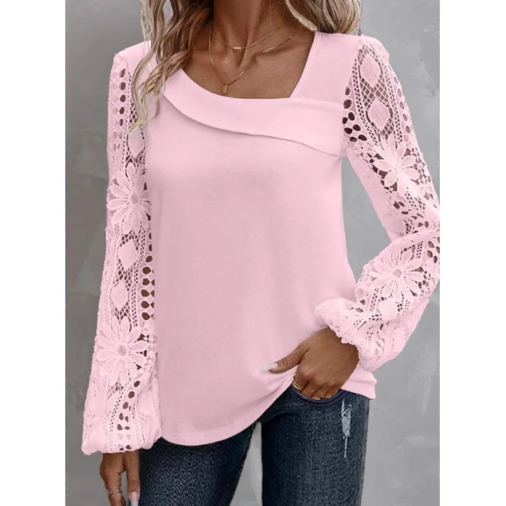 Solid Fashion Blouse Elegant Hollow Lace Blouse