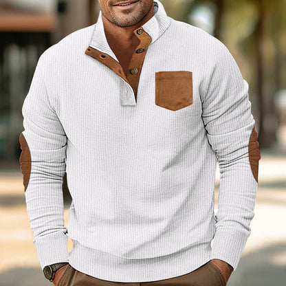 Men's pocket stand collar long sleeve corduroy colorblock sweatshirt