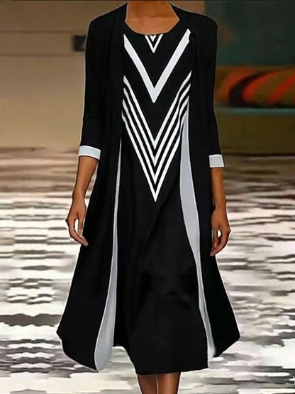 Women's Casual Round Neck Vest Contrast Color Printed Dress and Cardigan Set