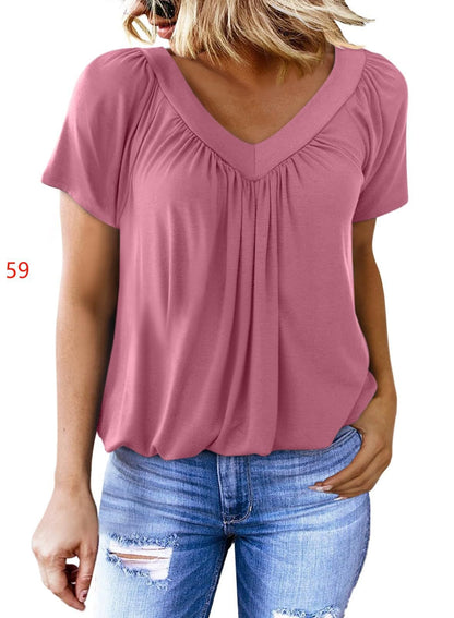 Casual Women's Top with Pleated V-Neck and Short Sleeves