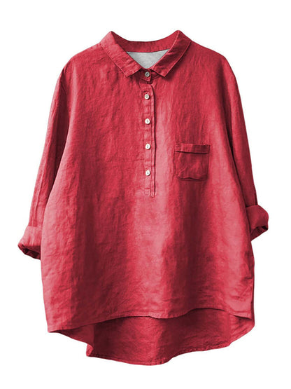 Women's New Long-sleeved Chinese Style Bamboo Hemp Printing Fashionable Versatile Lapel Solid Color Shirt