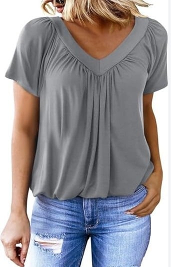 Casual Women's Top with Pleated V-Neck and Short Sleeves