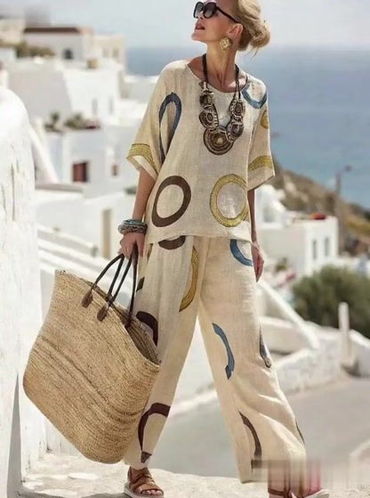 Women'S Loose Printed Wide Leg Pants Set