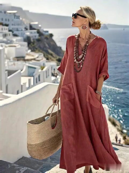 Ladies Loose Solid Pocket Dress