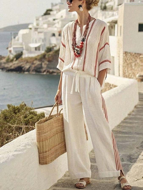 Women'S Loose Striped Printed Wide Leg Pants Set