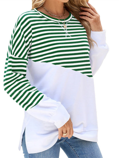 Women's New Fall and Winter Solid Color Round Neck Hit Color Striped Long-sleeved Sweater T-shirt