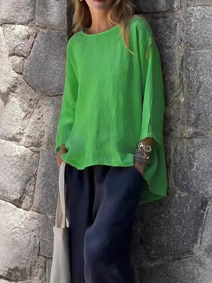 Usphonecards - Women Solid Color Cotton And Linen Long Sleeve Shirt