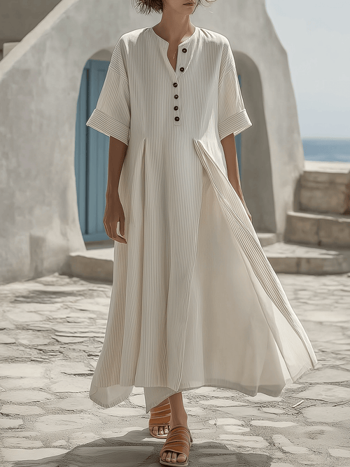 Women's Summer Round Neck Striped Pleated Dress