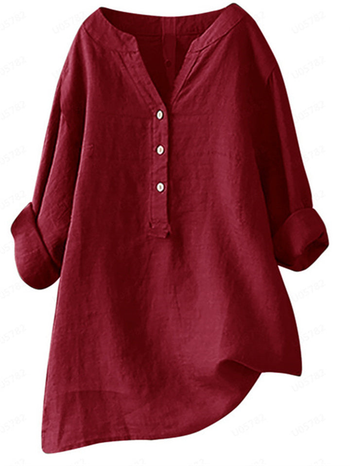 Summer Women's Cotton Linen Loose Solid Color Blouse Cotton Linen Long Sleeve Tops Pocket S-5XL