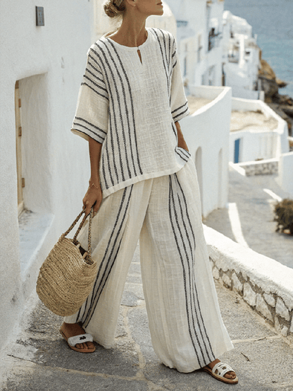 Women Summer Linen Loose Slit Contrast Striped Pants Set