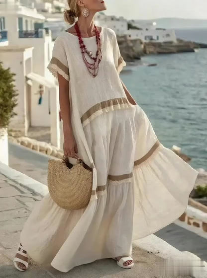 Women Summer Loose Striped Lace Stitching Dress