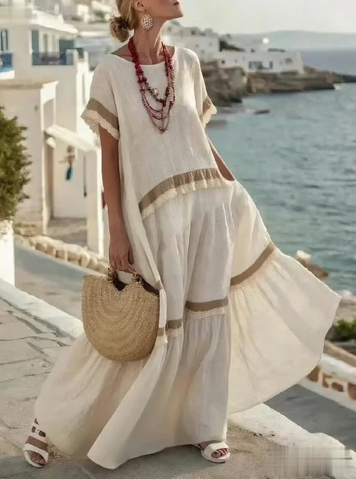 Women Summer Loose Striped Lace Stitching Dress