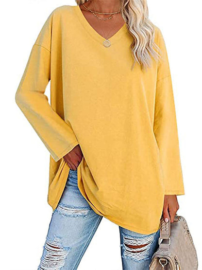 Ladies T-shirt New Multi-color Loose Drop Shoulder Sleeve V-neck Solid Color Women's Tops
