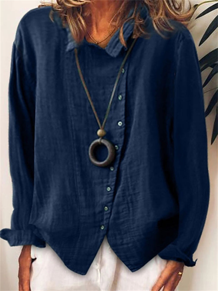Women's Large Size Breathable Loose Solid Color Temperament Cotton Linen Shirt Long-sleeved T-shirt