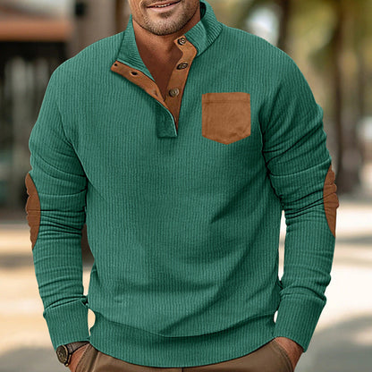 Men's pocket stand collar long sleeve corduroy colorblock sweatshirt