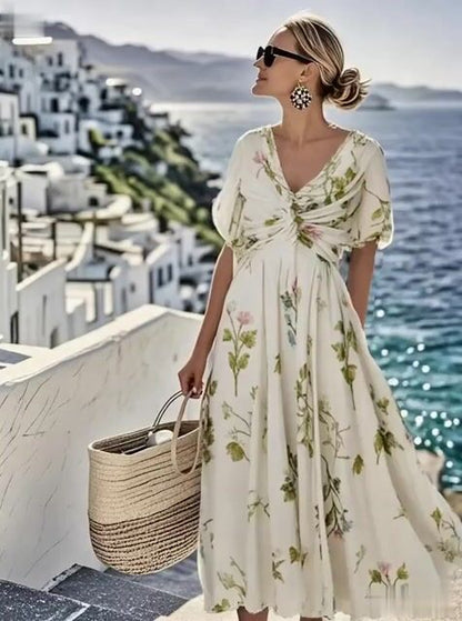 Women's Loose V-Neck Short Sleeve Floral Print Dress