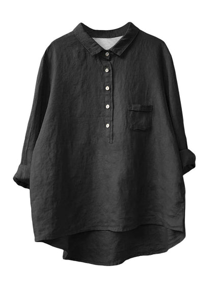 Women's New Long-sleeved Chinese Style Bamboo Hemp Printing Fashionable Versatile Lapel Solid Color Shirt