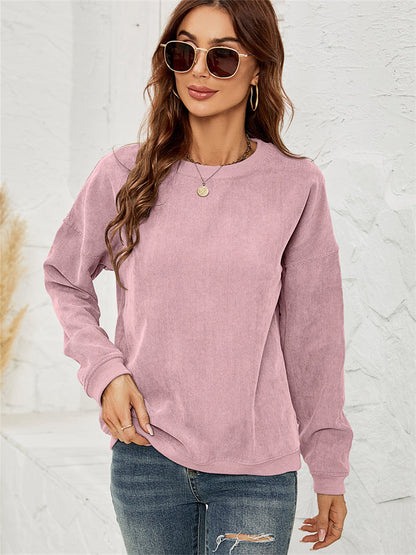 Women's Corduroy Sweater Round Neck Long-sleeved Tops Fall and Winter