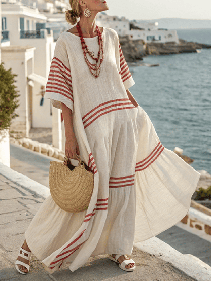 Women Summer Loose Contrast Striped Dress