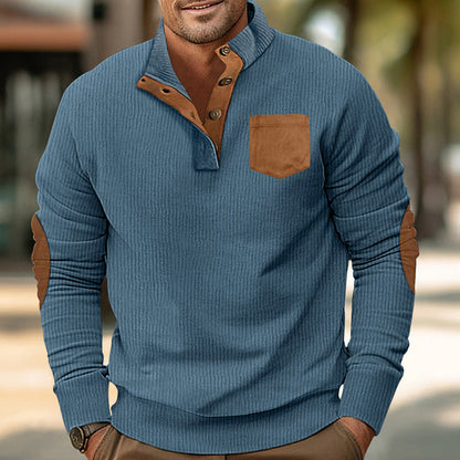 Men's pocket stand collar long sleeve corduroy colorblock sweatshirt