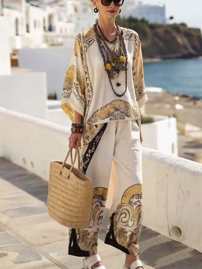 Women'S Loose Printed Wide Leg Pants Set