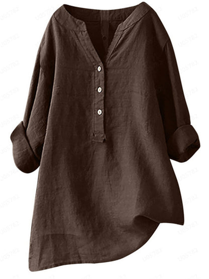 Summer Women's Cotton Linen Loose Solid Color Blouse Cotton Linen Long Sleeve Tops Pocket S-5XL