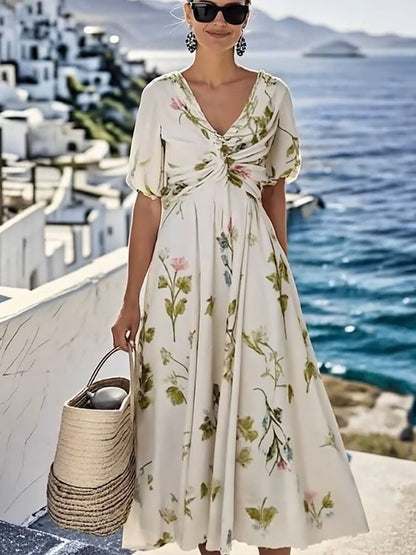 Women's Loose V-Neck Short Sleeve Floral Print Dress