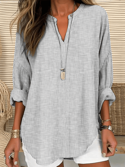Women's Long Sleeve v-Neck Solid Color Loose Striped Shirt
