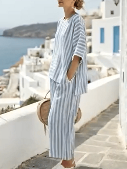 Women Summer Loose Striped Casual Elastic Waist Pants Set