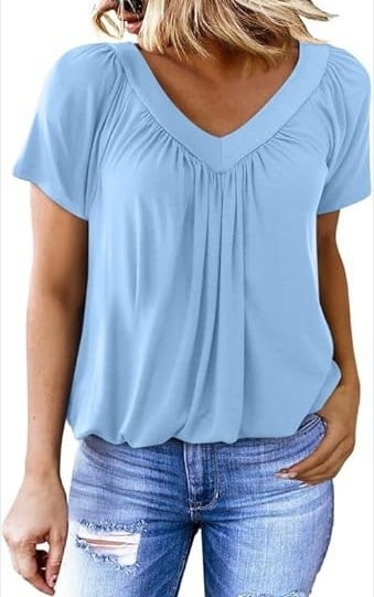 Casual Women's Top with Pleated V-Neck and Short Sleeves