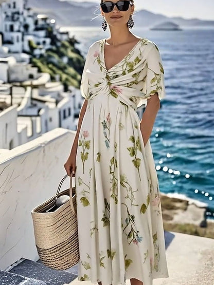 Women's Loose V-Neck Short Sleeve Floral Print Dress